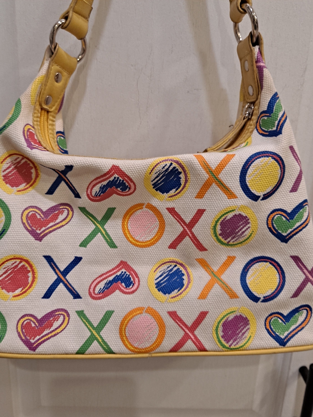 Y2K Vintage XOXO Multicolor Hearts XO Canvas Shoulder Bag Yellow Trim Grafitti - Picture 5 of 13
